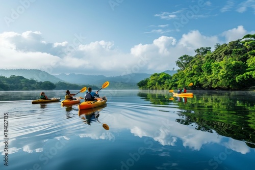 A group of friends setting off on a kayaking adventure, their paddles dipping into calm water reflecting the lush green shoreline photo