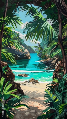 A hidden cove in pop art  lush vegetation framing a turquoise lagoon  playful shadows