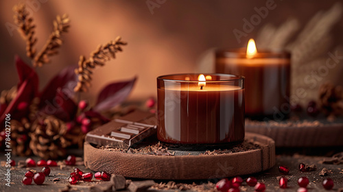 set of brown chocolate scented lighted candles on small podium, romantic moment, luxury delicated gift