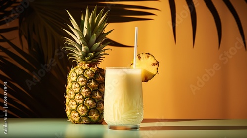 A refreshing pineapple drink beside a whole pineapple, showcasing a tropical vibe