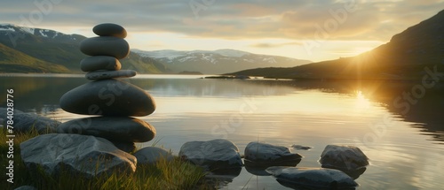 Zen Stones at Sunset with Mountain Landscape Reflection