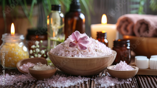 wooden bowl with pink Himalayan salt, oils and spa deco, immersion bath, relaxation © Luluraschi