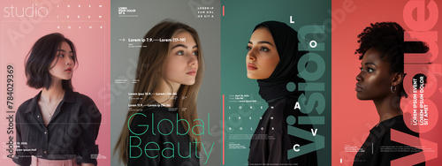 Four diverse and elegant posters depicting women, merged with typographic design, portraying the theme of global beauty. © Molibdenis-Studio