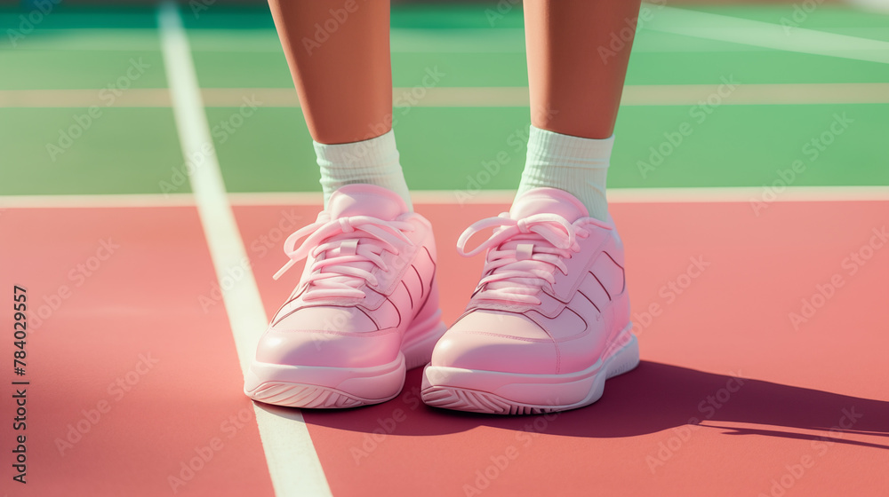 woman wearing pink sneakers on a tennis court, sport aesthetics 