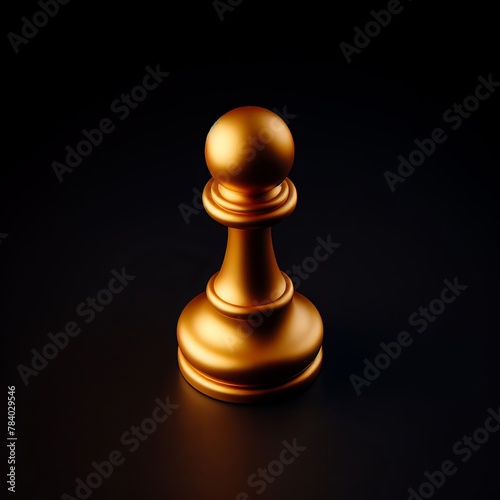 A golden pawn chess piece standing alone on a dark background. Employee, success, influencer, trainee, competition, starter and business strategy positive concept banner.