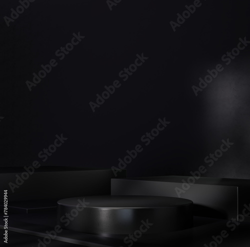 Dark minimal scene for product display presentation. Realistic 3d black product podium on dark background. Abstract scene for product mockup display, featuring a  black geometric shapes. 