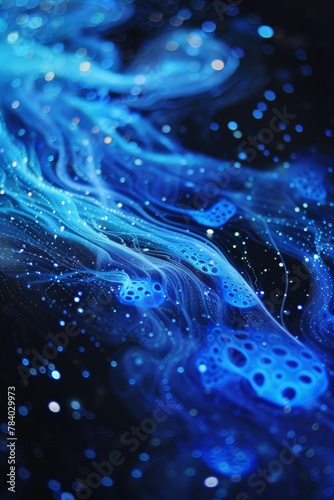 Deep ocean scene in vibrant shades of blue, bioluminescent creatures