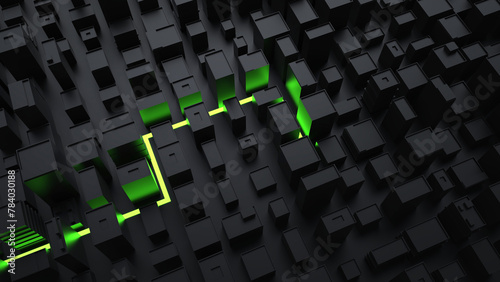 Abstract black cityscape with green line navigating through it