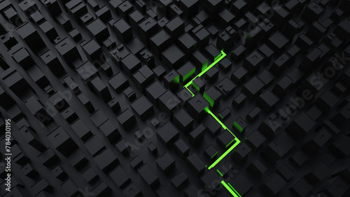 Abstract black cityscape with green line crisscrossing it