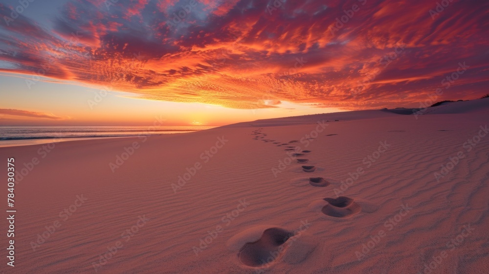 Footprints disappearing into the pristine sand, leading towards a horizon ablaze with a fiery sunset - obrazy, fototapety, plakaty 