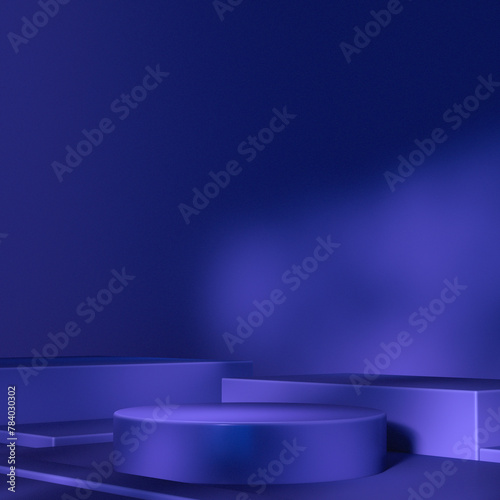 Dark blue minimal scene for product display presentation. Realistic 3d blue product podium on blue background. Abstract scene for product mockup display, featuring a  raster geometric shapes. 