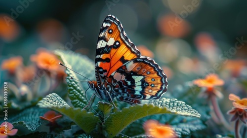 Fragile butterfly on green plant in garden photo