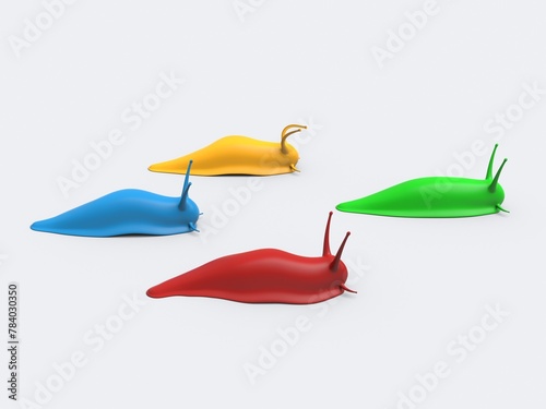 Cartoon colorful slugs in a race - green leading the race