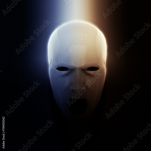 Uncanny white screaming face mask in a gloomy atmosphere - 3D Illustration