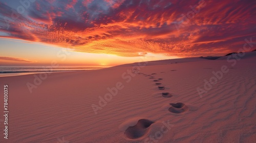 Footprints disappearing into the pristine sand, leading towards a horizon ablaze with a fiery sunset photo