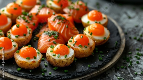  A dark table holds a plate with eggs, salmon, and scallops arranged on it