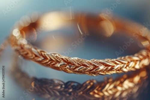 A detailed shot of a gold bracelet on a table. Perfect for jewelry store promotions