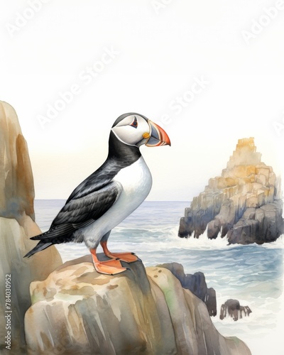 A black and white puffin with a striking red and orange beak stands on a weathered gray rock  against the serene blue and white backdrop of the ocean in this watercolor painting.