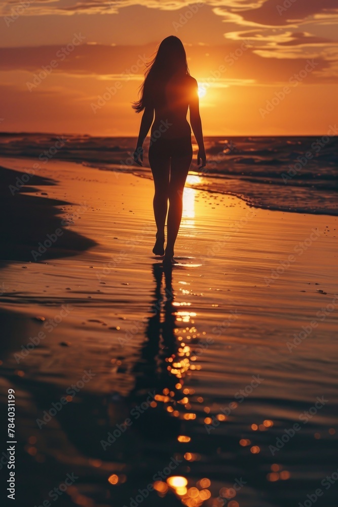 Woman walking on the beach at sunset. Perfect for travel and relaxation concepts