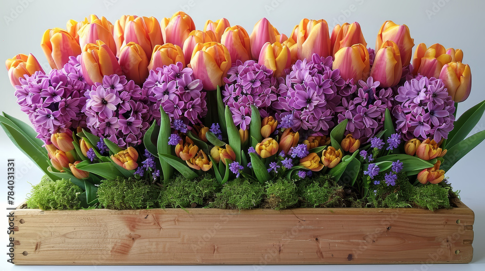   A wooden planter brimming with numerous purple and orange tulips, plus purple and yellow hyacinths