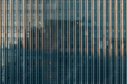 Panoramic view of a modern skyscraper facade, emphasizing geometric patterns, reflections, and sleek lines