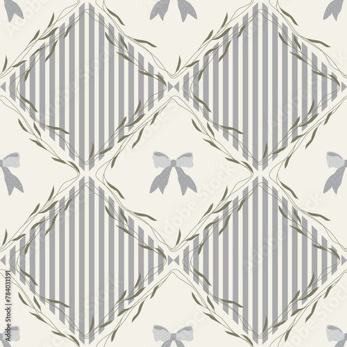 Grandmilenial bow vector pattern with grid, stripes and leaves. Retro vector wallpaper. Vintage flat background.