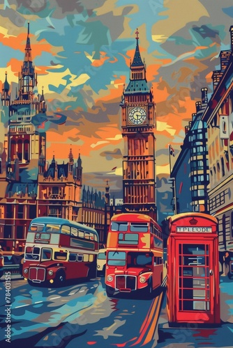 Pop art London cityscape, iconic red telephone booth, double-decker bus, and stylized Big Ben