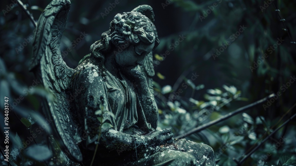 An angel statue sitting in a peaceful forest. Suitable for religious themes or nature concepts