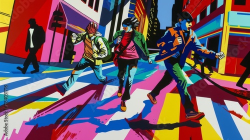 Pop art street scene inspired by a comic book panel, exaggerated figures, bold colors, and action lines