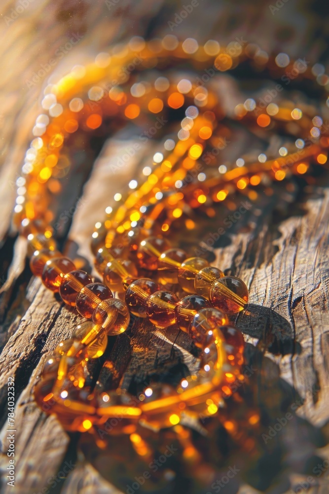 Close up of a necklace on a rustic wooden surface, suitable for jewelry stores or fashion blogs Close up of a necklace on a rustic wooden surface, suitable for jewelry stores or fashion blogs