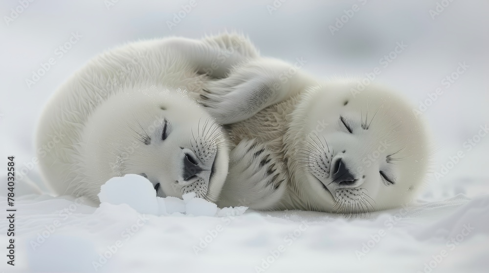 Fototapeta premium Two white polar bears resting side by side on a snow-covered ground