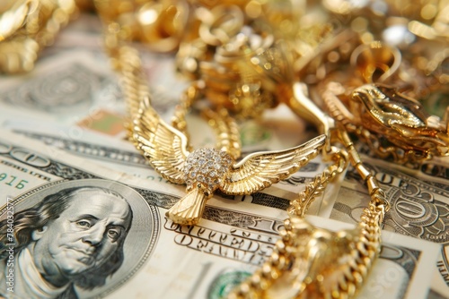 Stack of money with gold eagle symbol on top, suitable for financial concepts photo