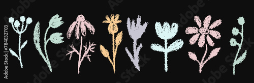 A set of children's, primitive doodles, chalk drawings of flowers. Vector graphics.