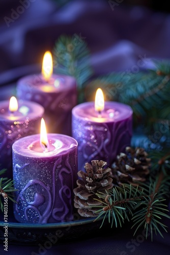Three purple candles with pine cones on a tray. Perfect for holiday and winter themed projects