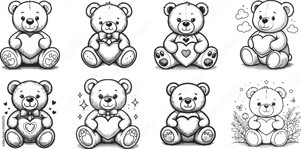 plush bear with heart vector set