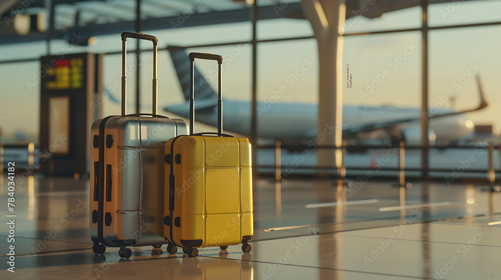 an airport terminal scene with two upright suitcases placed side by side on the floor. an airport terminal scene with two upright suitcases placed side by side on the floor.