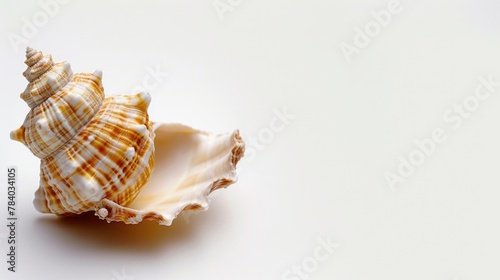 Close up of a shell on a white background. Suitable for beach-themed designs