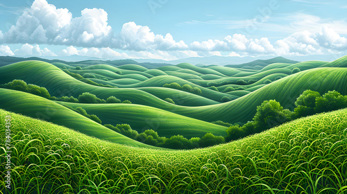 A drawing Field of lush grass on gentle slopes. Pasturage, grassland, pommel, lea, alkali, lye, and meadow. Grassy grassland in a rural landscape view. illustration. photo