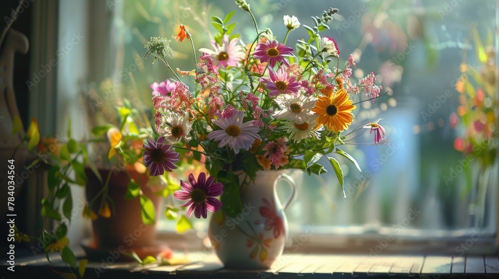 A vase filled with colorful flowers on a sunny window sill. Perfect for home decor or gardening themes A vase filled with colorful flowers on a sunny window sill. Perfect for home decor or gardening themes