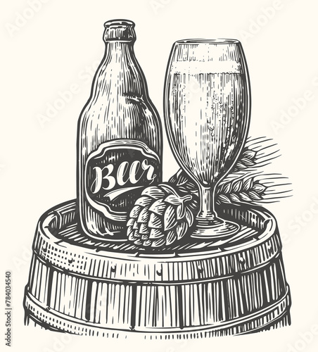 Bottle and mug of beer on wooden keg. Pub, brewery sketch. Hand drawn vintage vector illustration