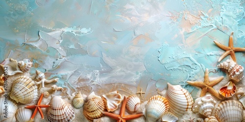 Sea shells and starfish on a vibrant blue background. Perfect for summer-themed designs © Fotograf