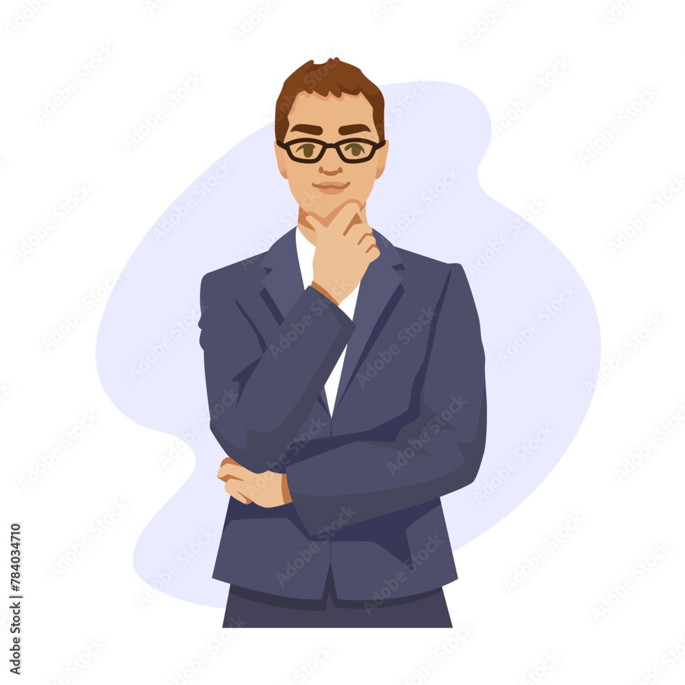 Young businessman in thoughtful pose, cartoon style, on plain background, concept of professional contemplation, Vector illustration. Vector illustration Young businessman in thoughtful pose, cartoon style, on plain background, concept of professional contemplation, Vector illustration. Vector illustration