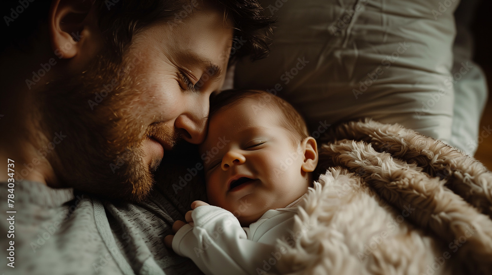 Father's Day. A man on maternity leave. Whispers of affection. Father and baby newborn lying snuggled against a fluffy, textured blanket or pillow in warm lighting.