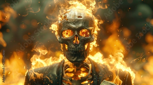 illustration of a skeleton in a business suit with a cash in hand burning photo