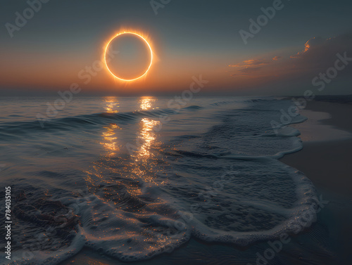 Sunshiny circle over the ocean .  photo