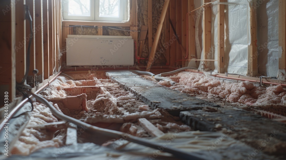 A room undergoing remodeling with insulation. Suitable for construction and renovation projects A room undergoing remodeling with insulation. Suitable for construction and renovation projects