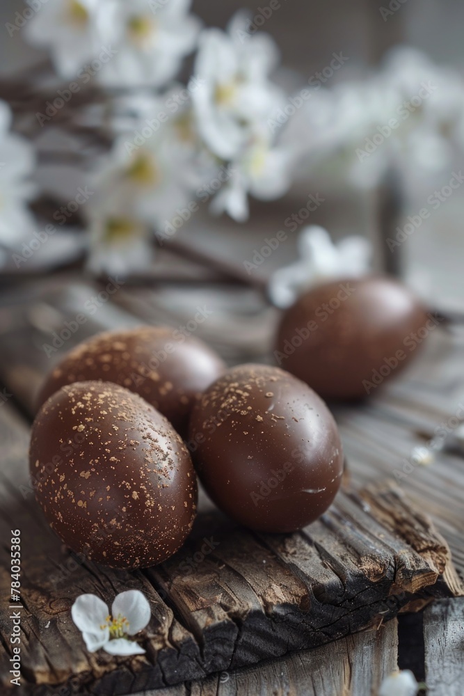Three chocolate eggs placed on a wooden table, suitable for Easter designs Three chocolate eggs placed on a wooden table, suitable for Easter designs