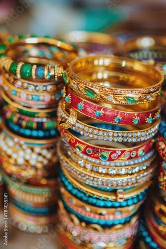 Close-up of various colored bangles, versatile for fashion or cultural concepts