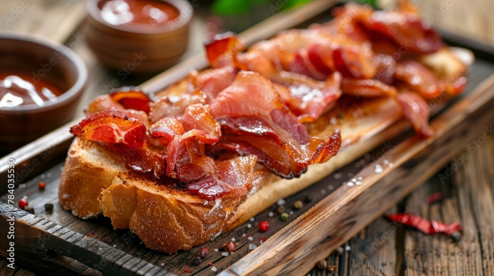 Bacon butty is a British sandwich consisting of crispy bacon, butter, and sauce closeup in the wooden tray on the table. Horizontal Bacon butty is a British sandwich consisting of crispy bacon, butter, and sauce closeup in the wooden tray on the table. Horizontal