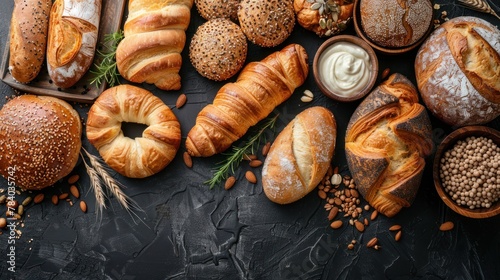 Bread rolls, baguette, bagel, sweet bun and croissant captured
